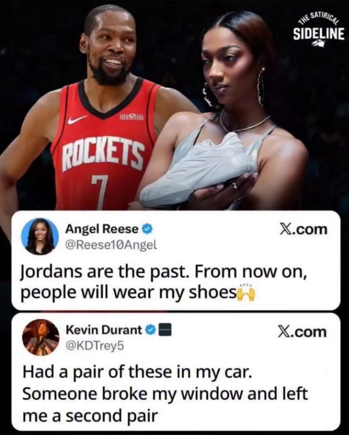 Kevin Durant roasted Angel Reese 😂 after she said Jordans are the past, people will wear her shoes.

Bro said he had a pair of her shoes in his car, someone broke in and left him another pair 🤣🤣

(Read my name if you think this is true)