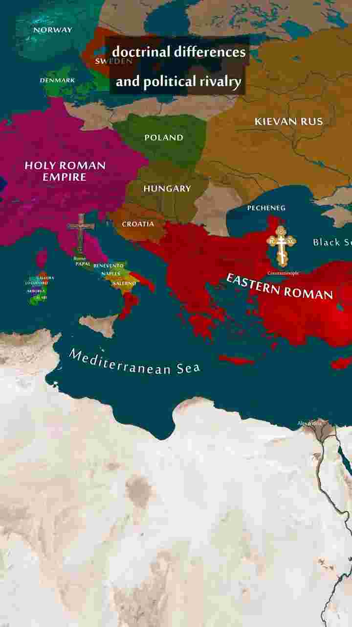 The Great Schism: Western Church (Rome) vs Eastern Church (Constantinople)