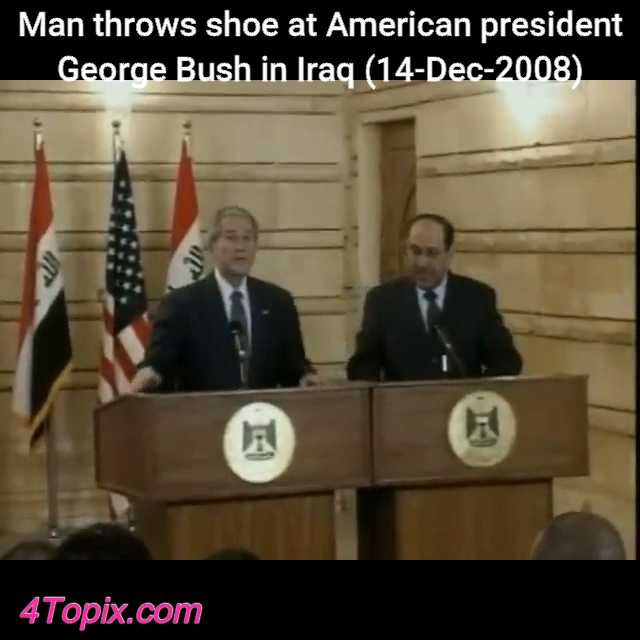 Iraqi journalist Muntadhar al-Zaidi throws shoe at President George Bush while the president visited Baghdad on 8-December-2008.