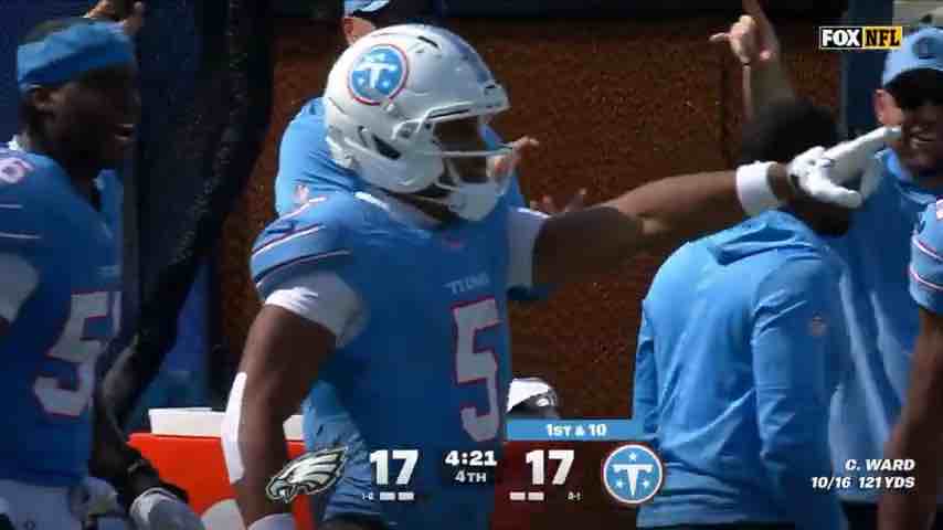 Epic NFL Hurdle: Elic Ayomanor hurdles defender to gain about 10 extra yards in Tennessee Titans vs Philadelphia Eagles