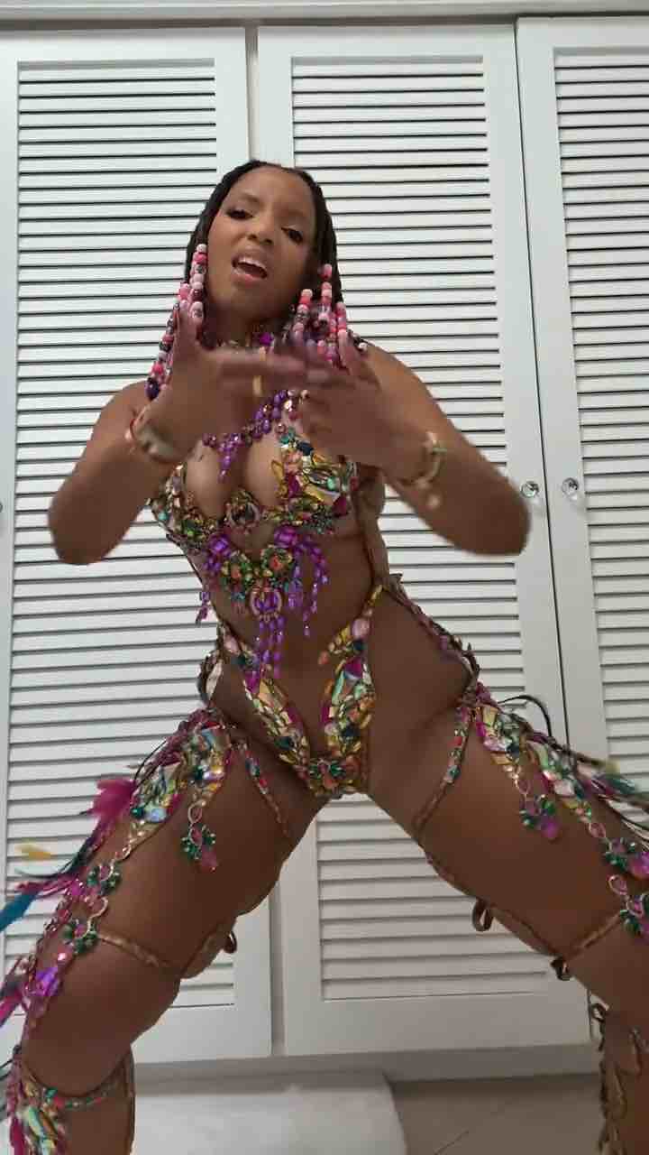 Chloe Bailey dancing to - The moral of the story is this
You aint lickin' this, you aint stickin' this
And I got witnesses, ask any nigga I been with
They aint hit shit till they stuck they tongue in this
I aint with that frontin' shit
I got my own Benz, I got my own ends, immediate friends
Me and my girls rock worlds

Chloe Bailey in carnival costume dancing to: Lil Kim - Not Tonight (female Hip-Hop/rap)