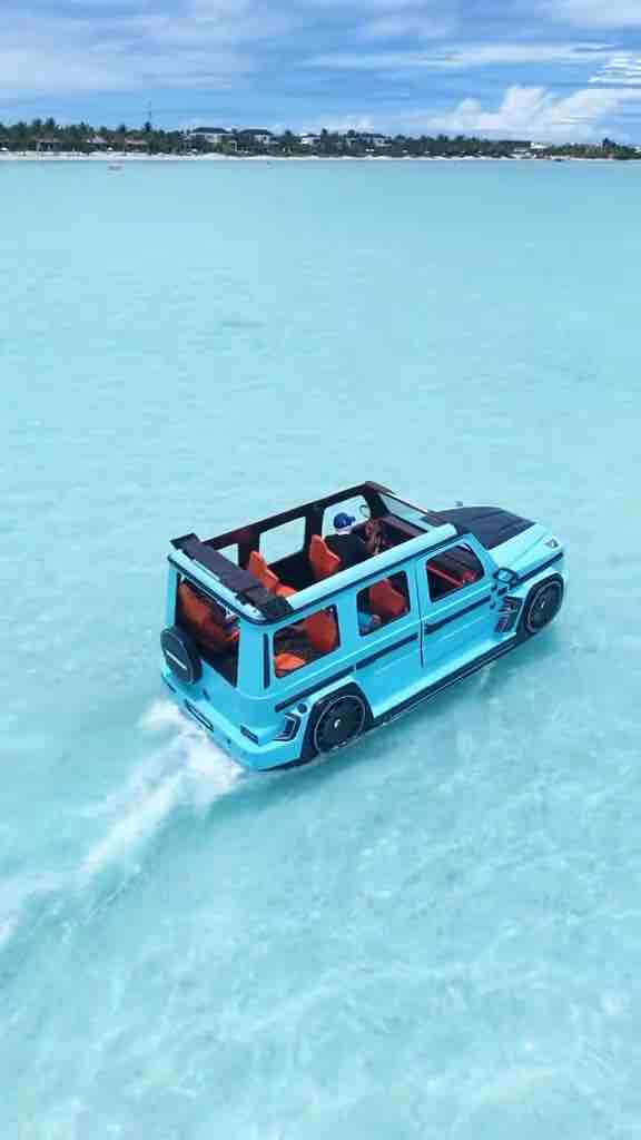 Riding jet skis in the shape of cars on the beaches of Turks and Caicos
