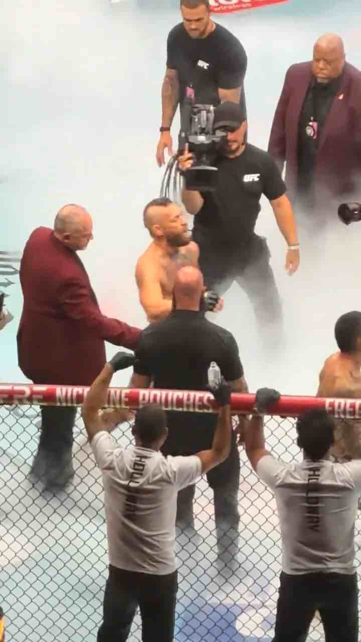 Conor McGregor doing the Vince McMahon Walk also known as the Billionaire Strut before his fight with Max Holloway