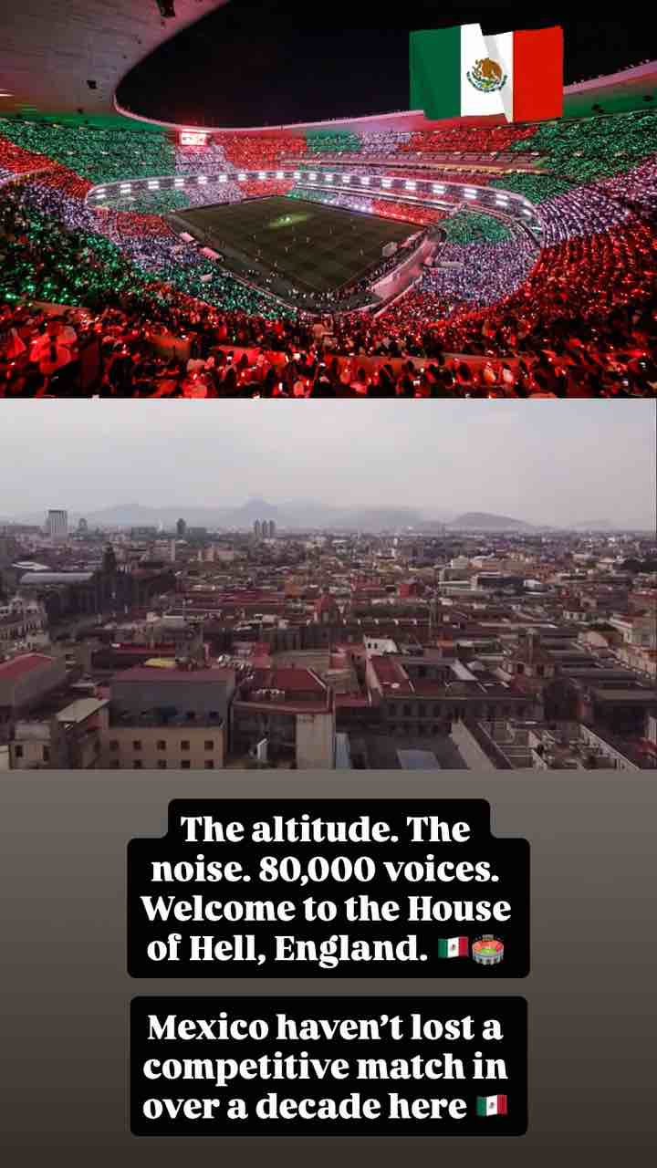 England is playing against Mexico at the Azteca in Mexico City. Mexico hasn’t lost there in over 10 years. It is 2240 meters (7220 feet) above sea level, which means the air there is thin. The thin air up there is often a challenge for those who aren’t used to play in at high altitudes.