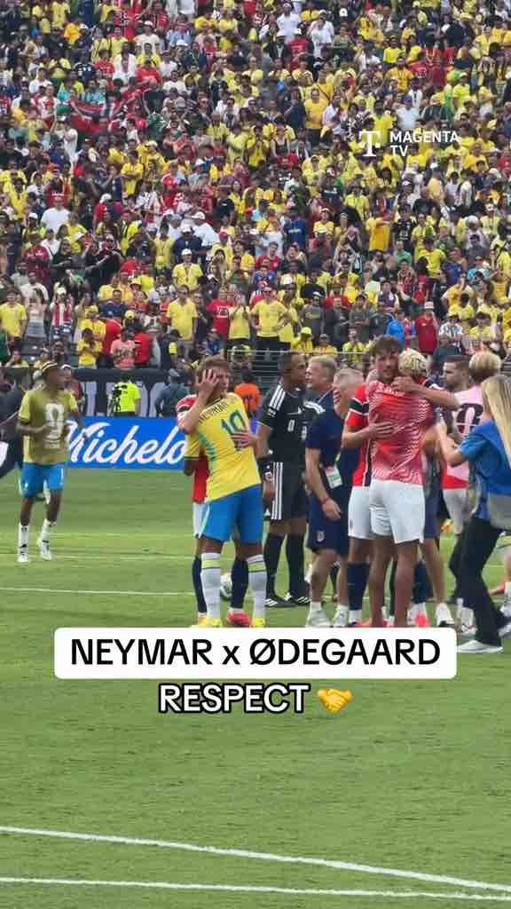 Neymar and Martin Odegaard greeting each other after Brazil vs Norway game at the 2026 World Cup