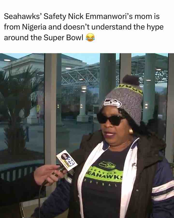 I love her 😂❤️ 
Seattle Seahawks' Safety Nick Emmanwori's mom is from Nigeria and doesn't understand the hype around the Super Bowl 🏈