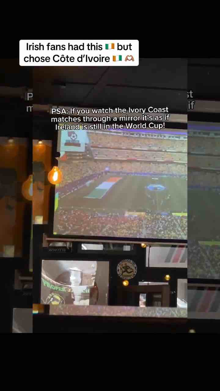 Irish fans 🇮🇪 supporting Ivory Coast 🇨🇮 at the World Cup. It started off as a joke but now they’re just going with it 😂🫡
