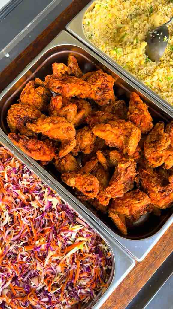 Ostrich Egg fried Rice, crispy fried Chicken and fresh Cabbage Coleslaw by @theroamingchef
